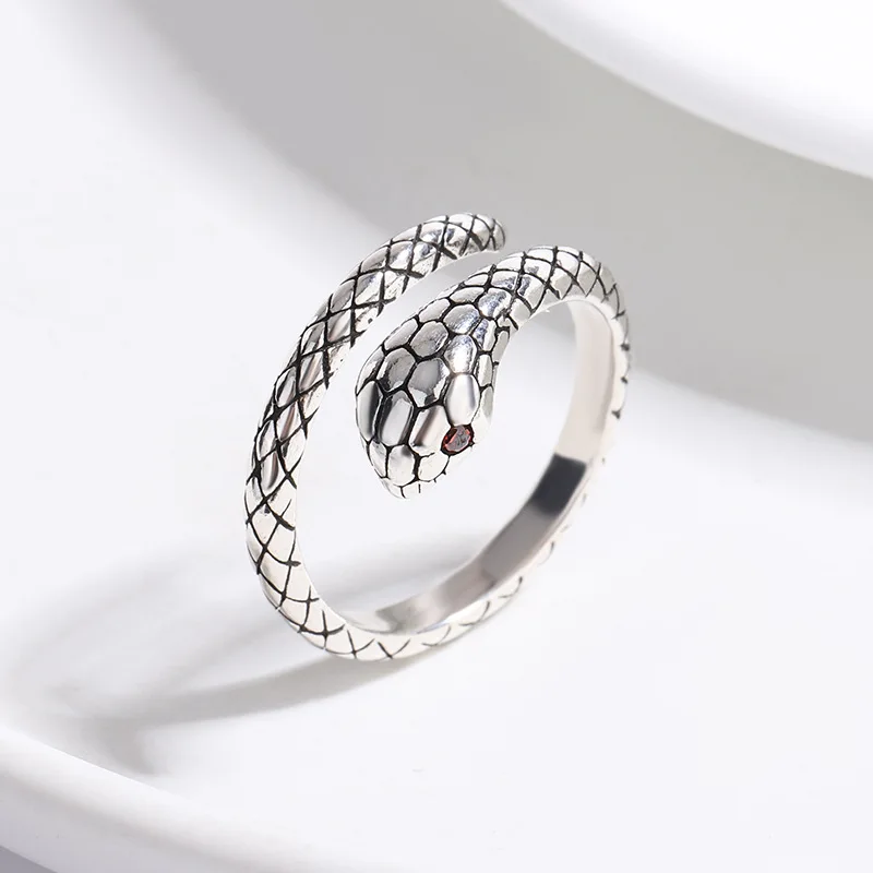 Beautiful Personality Temperament Animal 925 Sterling Silver Jewelry Not Allergic Red Crystal Snake Opening Rings  R156