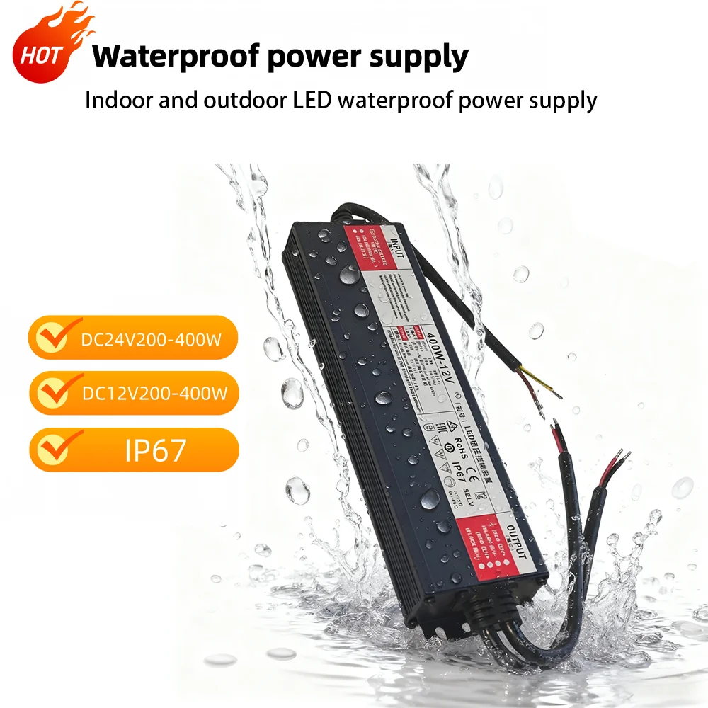 IP67 Waterproof Outdoor LED Strip Power Supply 200W 400W Lighting Transformer - DC12V 24V Switching Power Adapter, AC110-265V