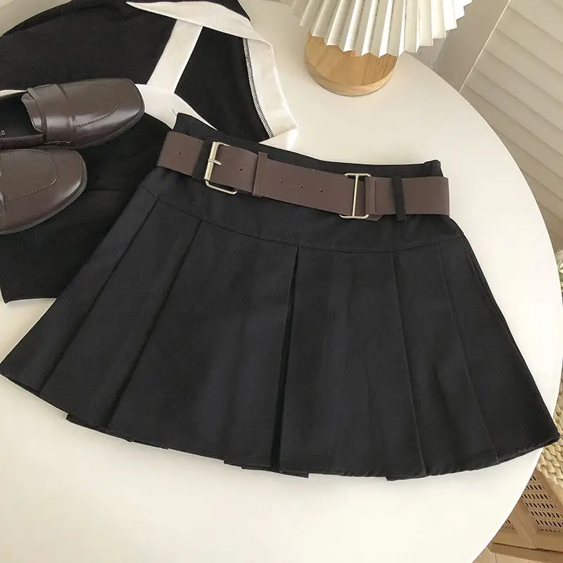 Pleated Skirts Women Ulzzang Mini Solid with Belt Vintage Preppy Style Summer High Waist Tender Classic All-match Teens Hotsweet