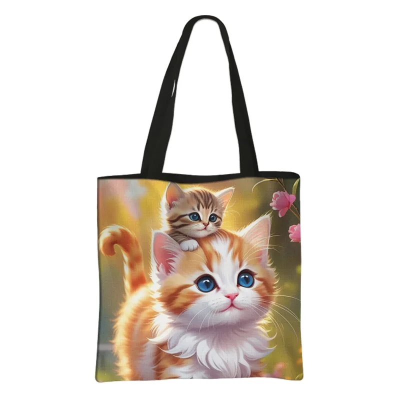 Cartoon Flower Cat Print Tote Bags Cute Kitten Cats Baby Women Handbag Shoulder Bag Large Capacity Storage Bags Grocery Bag Gift