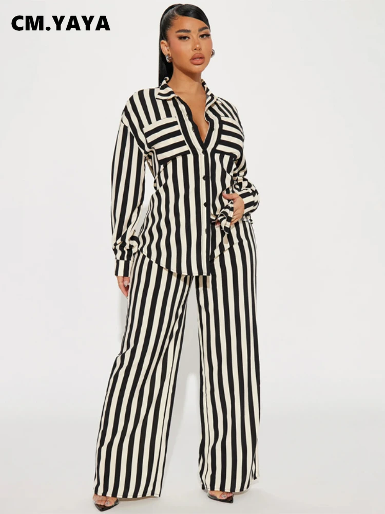 CM.YAYA Striped Women's Set Long Sleeve Pocket Shirt and Straight Wide Leg Pants 2023 Fashion Two 2 Piece Sets Outfit Tracksuit