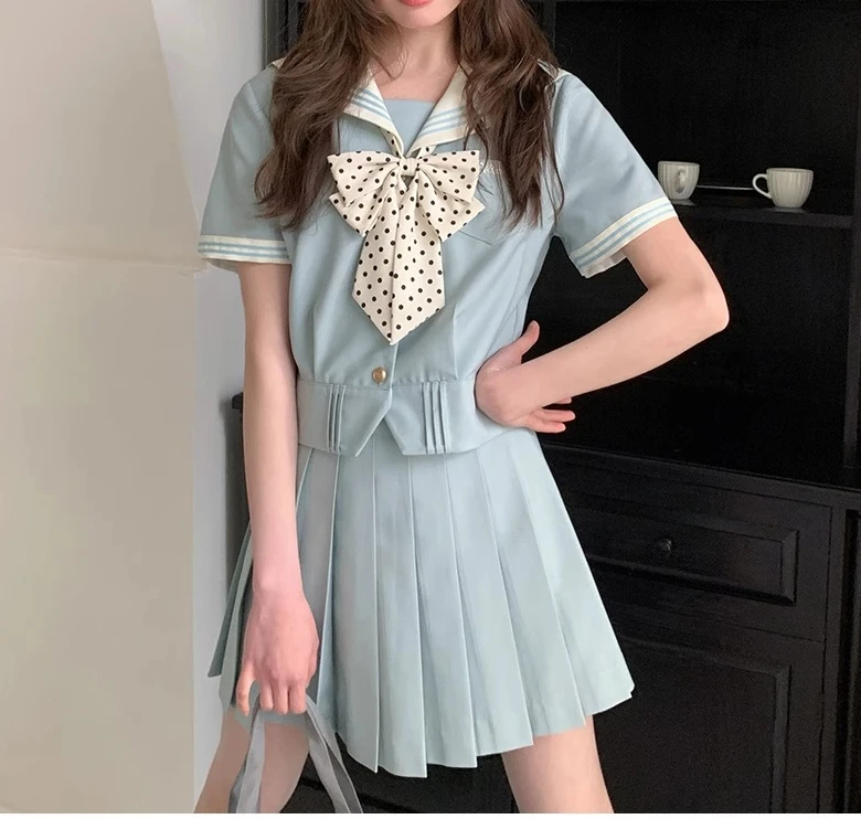 Sweet Jk Uniform Mint Green Navy Collar Short Sleeve Shirt Girl Summer Solid Color Versatile Age-reducing Short Pleated Skirt