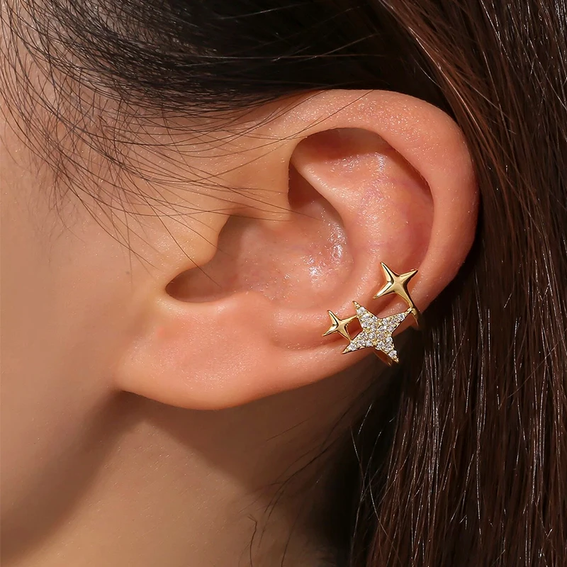 Shiny Double Layer Zircon Stars Earrings For Women Gold Silver Color Personality No Piercing Ear Cuff Jewelry Accessories