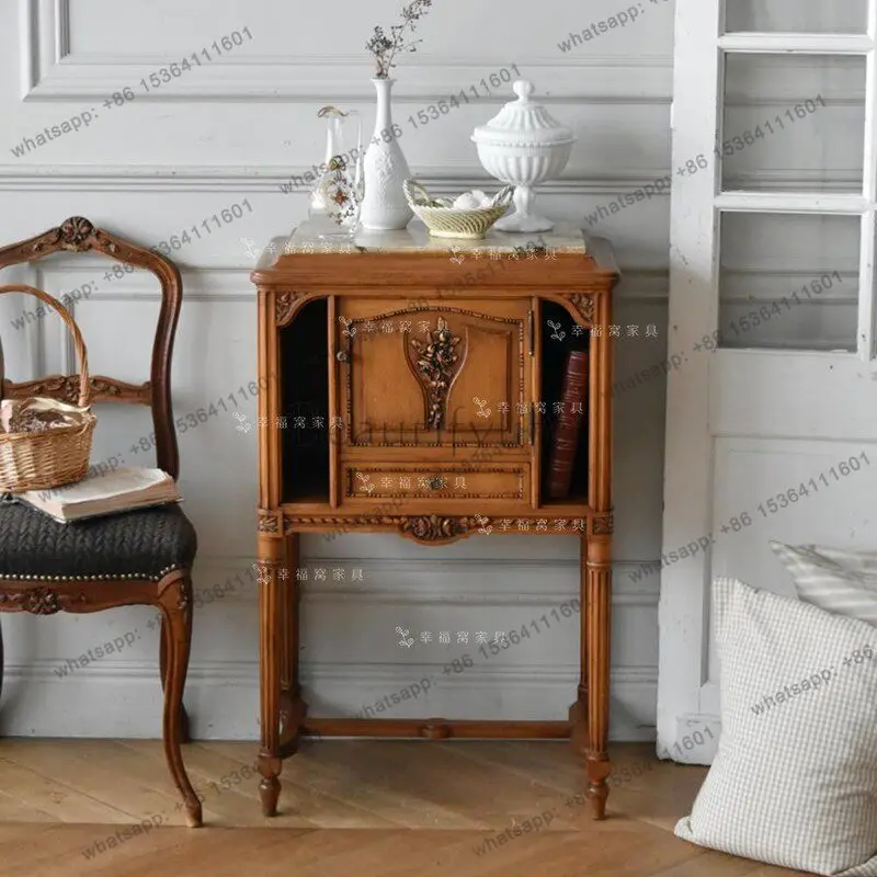 

French solid wood retro living room decorative cabinet with marble surface high-footed entrance cabinet