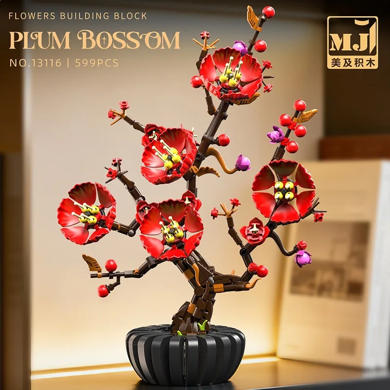 Building Blocks Potted Plants Bird of Paradise Plum Bossom Cotton Rose Chrysanthemum Flowers Bouque Girls Desk Decor Toys Gifts view 4