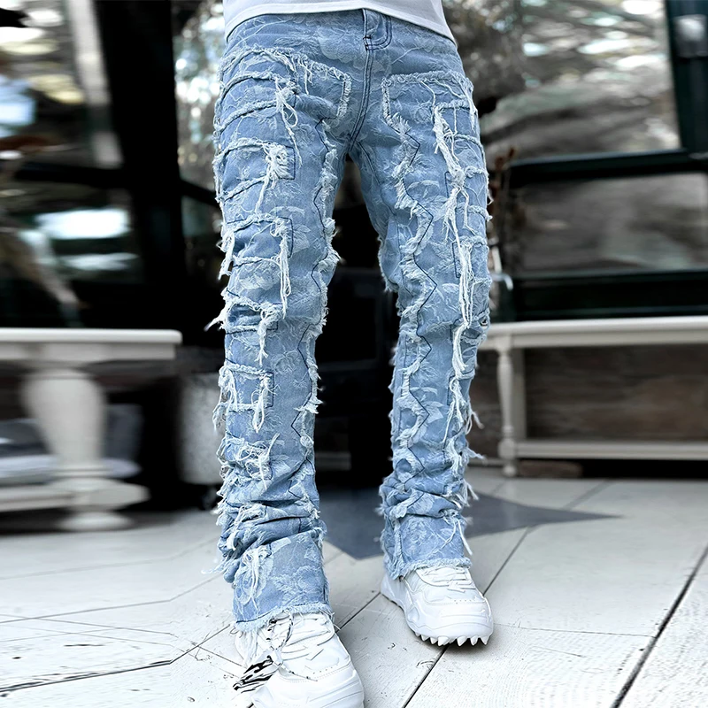 Mens Stacked Jeans Slim Fit Ripped Skinny Stretch Jeans Distressed Straight Denim Pants Hip Hop Trousers Streetwear