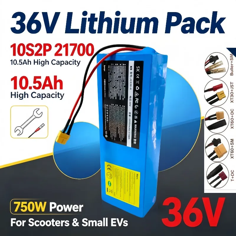 36V 10.5Ah 5C 10S2P 21700 Lithium-ion Rechargeable Battery,750W Power for Electric Scooter Bicycle