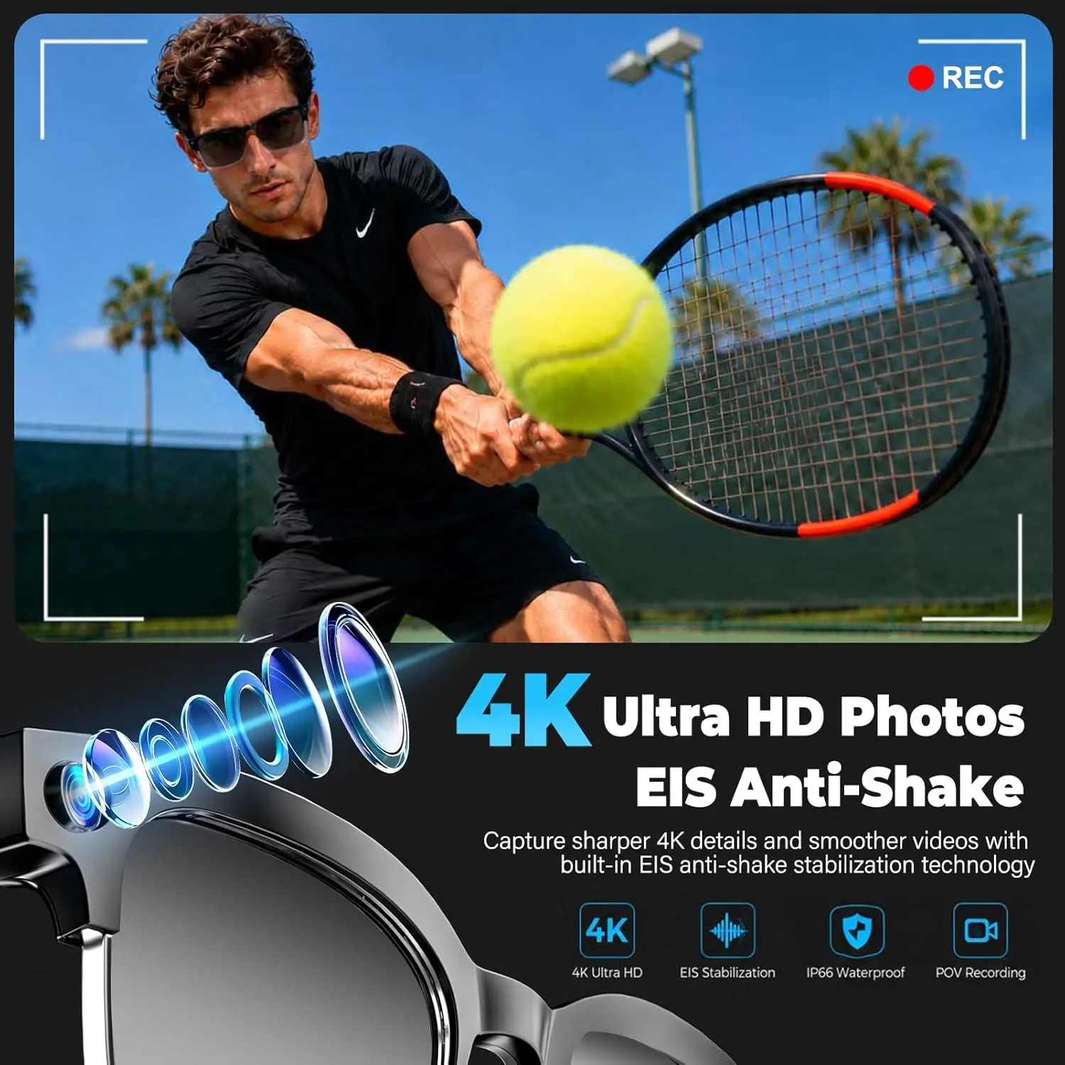 4K EIS Anti Shake Smart Glasses Real Time Translation Open Ear Audio Object Recognition Photo Video Capture Sunglasses