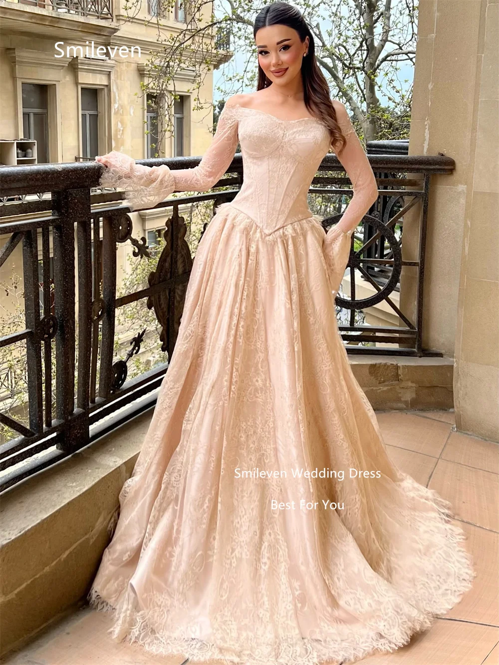 Smileven Champagne Ball Gown wedding Dresses Off‑the‑Shoulder Long Puff Sleeves Bridal Dress Corset Lace Hem Gowns Customized