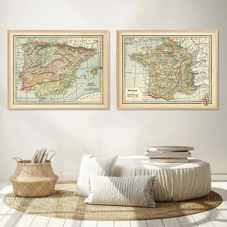 Country Spain Map France Portugal Posters Canvas Painting Vintage Wall Art Print Picture for Living Room Interior Home Decor