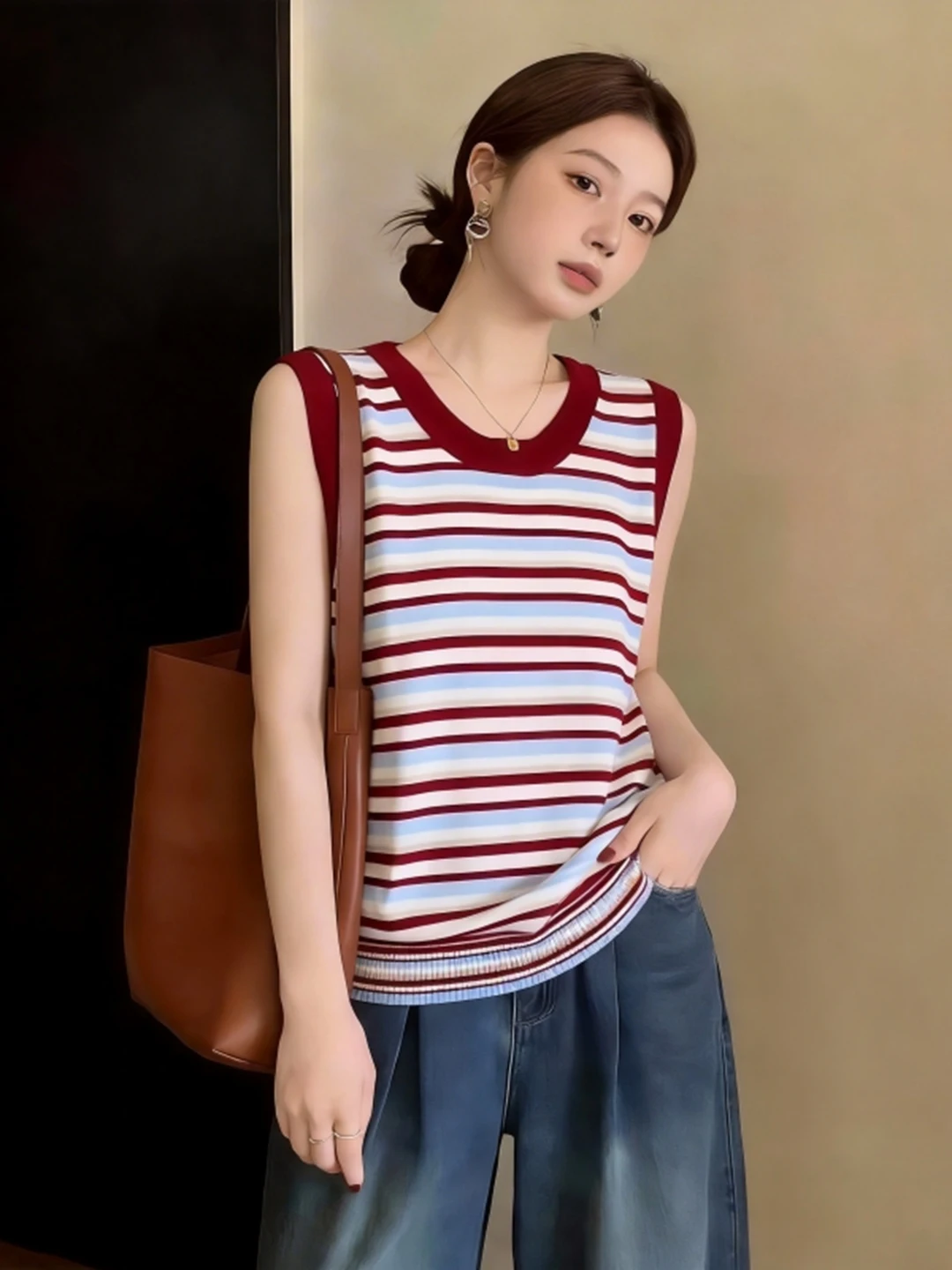 plus Size Women's Stripe Knitted Tube Top Vest Summer Slimming Outerwear Sleeveless Shirt Breast Reduction Effect