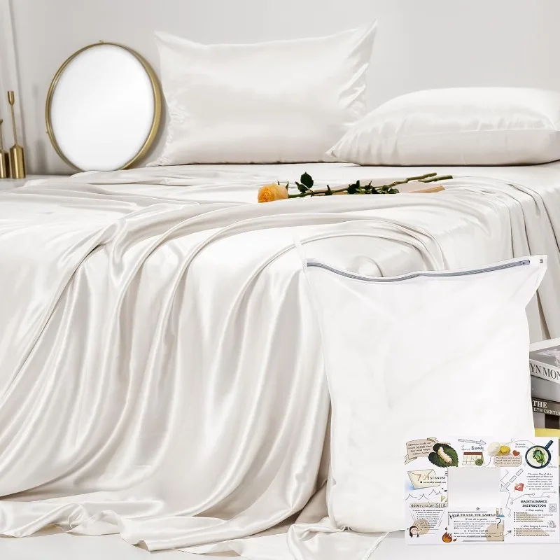 

100% Silk Sheet Set White with Flat Sheet, Deep Pocket Fitted Ultra Soft Grade 6A+ Natural Silk Bedding Sheets Set