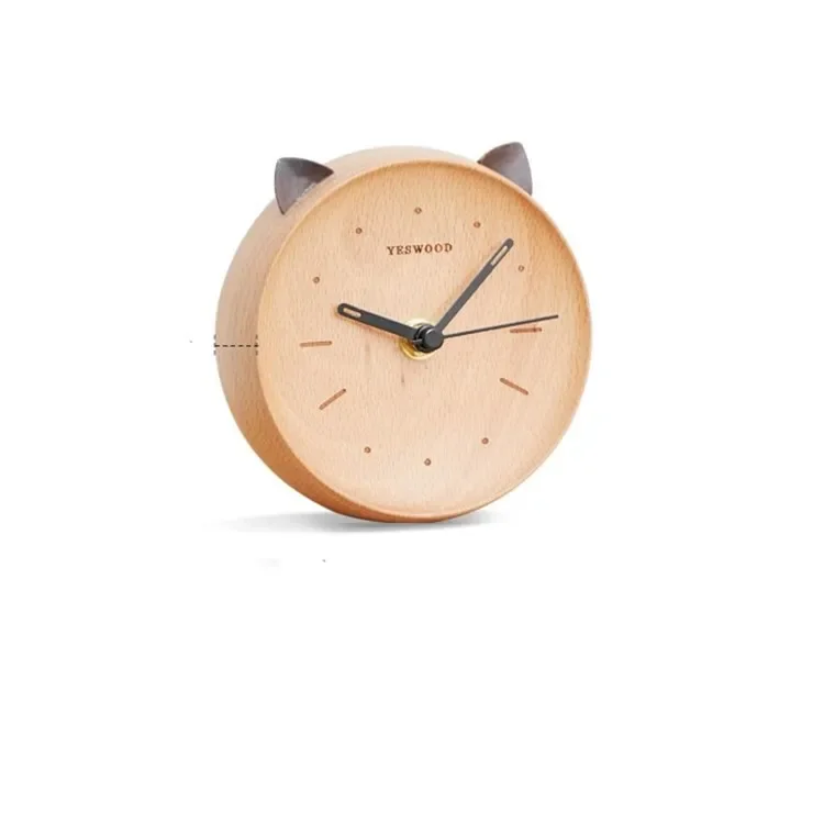 

Genji Muyu beech silent clock Home bedroom bedside clock Cat-shaped desktop clok solid wood alarm cloc