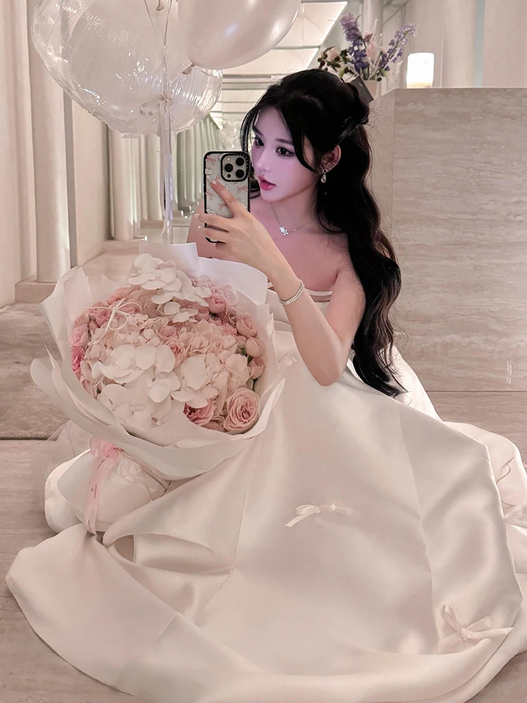 Robe de soirée en Satin Ele avec nœud papillon pour femmes, taille moyenne, jupe trapèze longue Dr No Sve, Par de mariage coréen