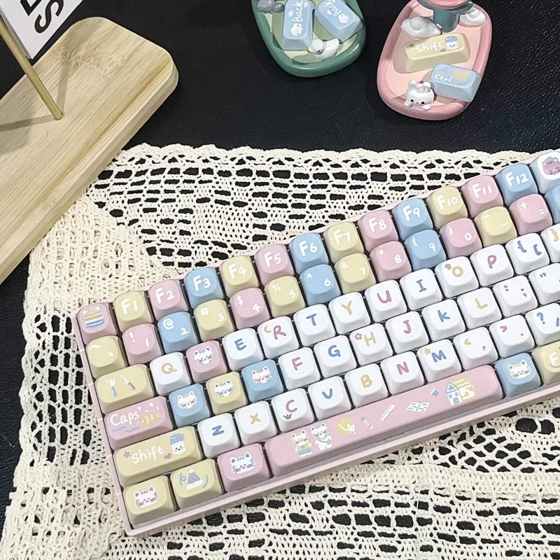 Cute Cat Macaron Theme Keycaps KOA/MOA Profile Keycap 150 Key PBT Key Caps for Mechanical Keyboard Accessories Custom Gamer Gift