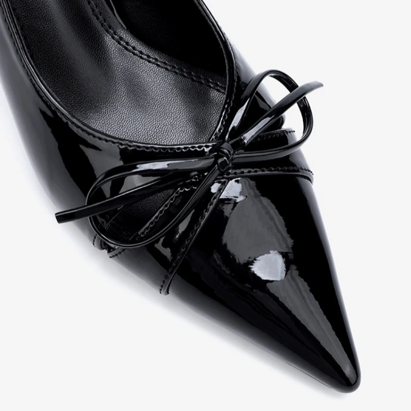 الصيف الأسود هريرة الكعوب النساء Slingback مضخات الكعوب امرأة مثير القوس خنجر حذاء أشار تو الصنادل مكتب سيدة مضخات 2025