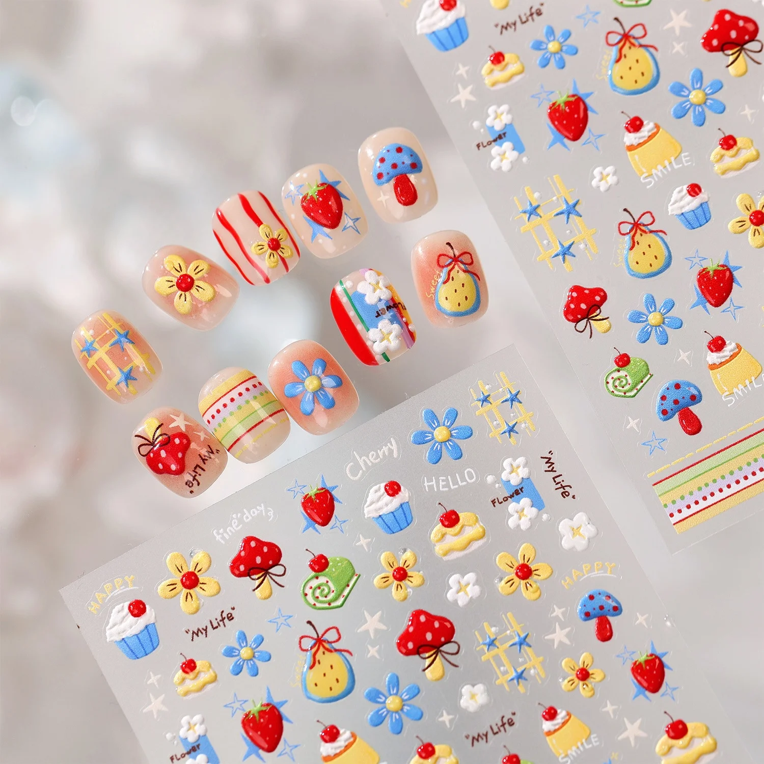 Süße Dessert-Frucht 5D Nagelaufkleber Erdbeere Pilz Cupcake Creme Gebäck Blaue Blume Karomuster Linie Selbstklebende Nagelsticker
