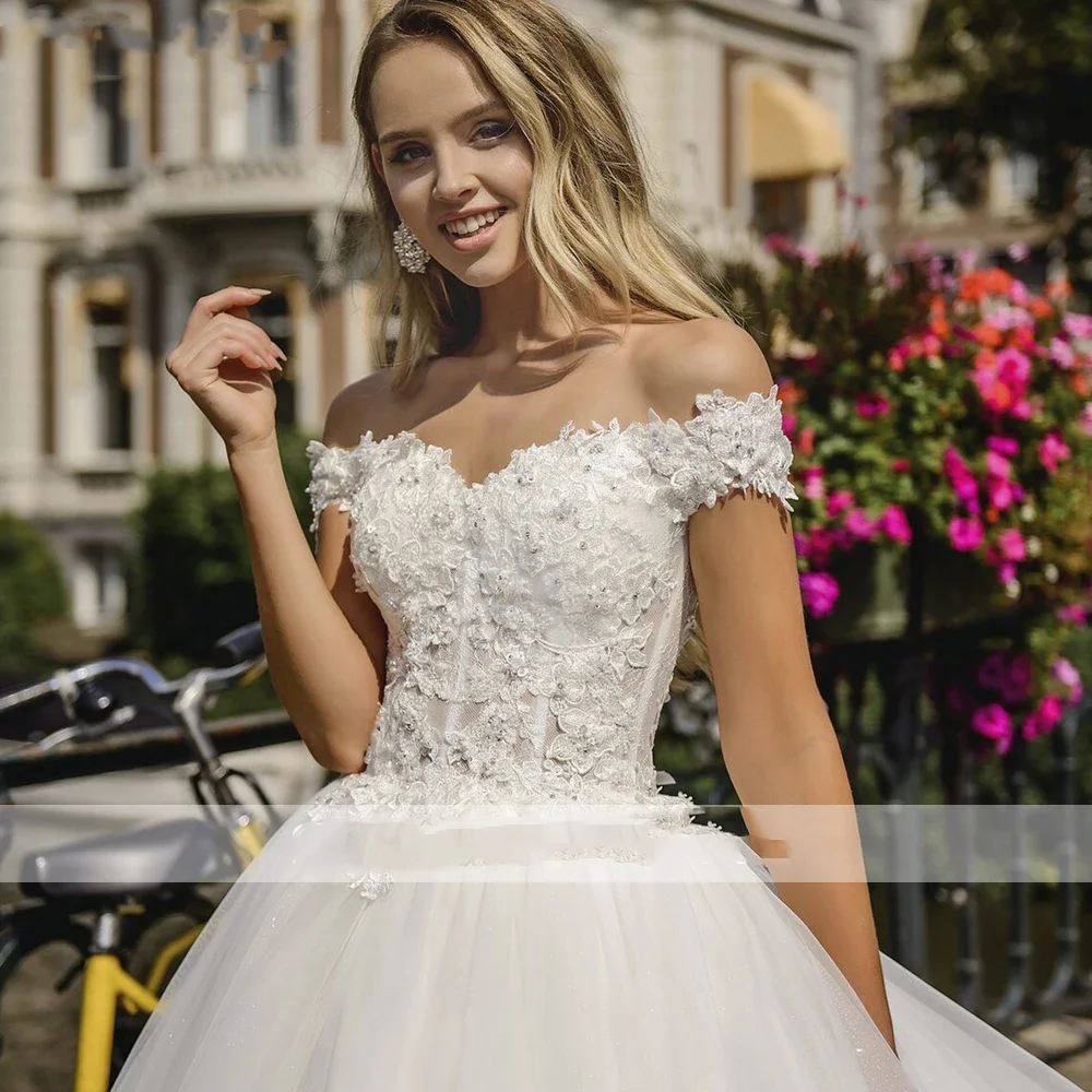 Flavinke Angepasst Elegante Ballkleid Boot-ausschnitt Tüll Brautkleider Bodenlangen Spitze Appliques Brautkleider vestidos de novia