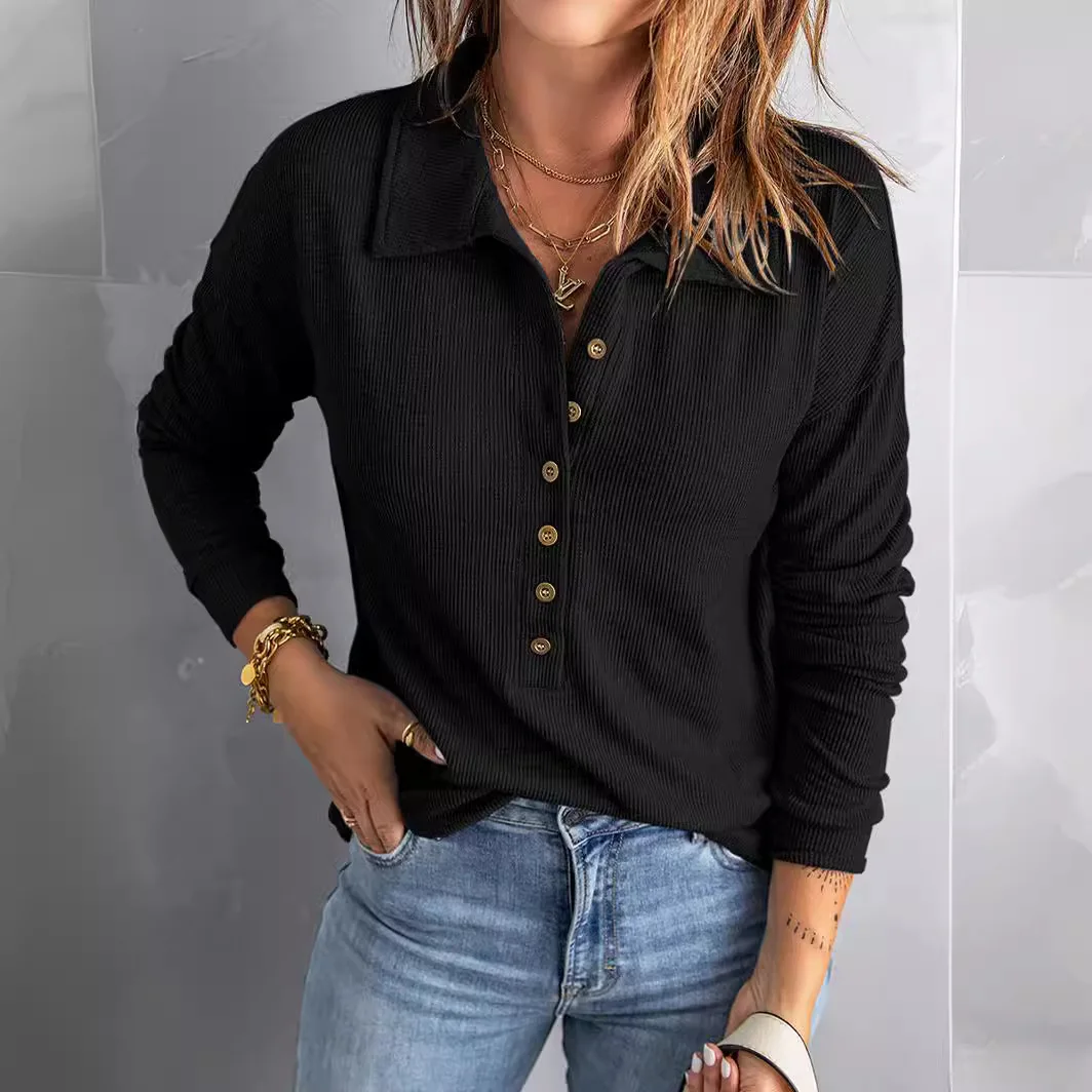 

Spring Autumn Women's T-shirt Solid Color Casual Single-breasted Lapel Long-sleeved Top Loose Sweater for Female