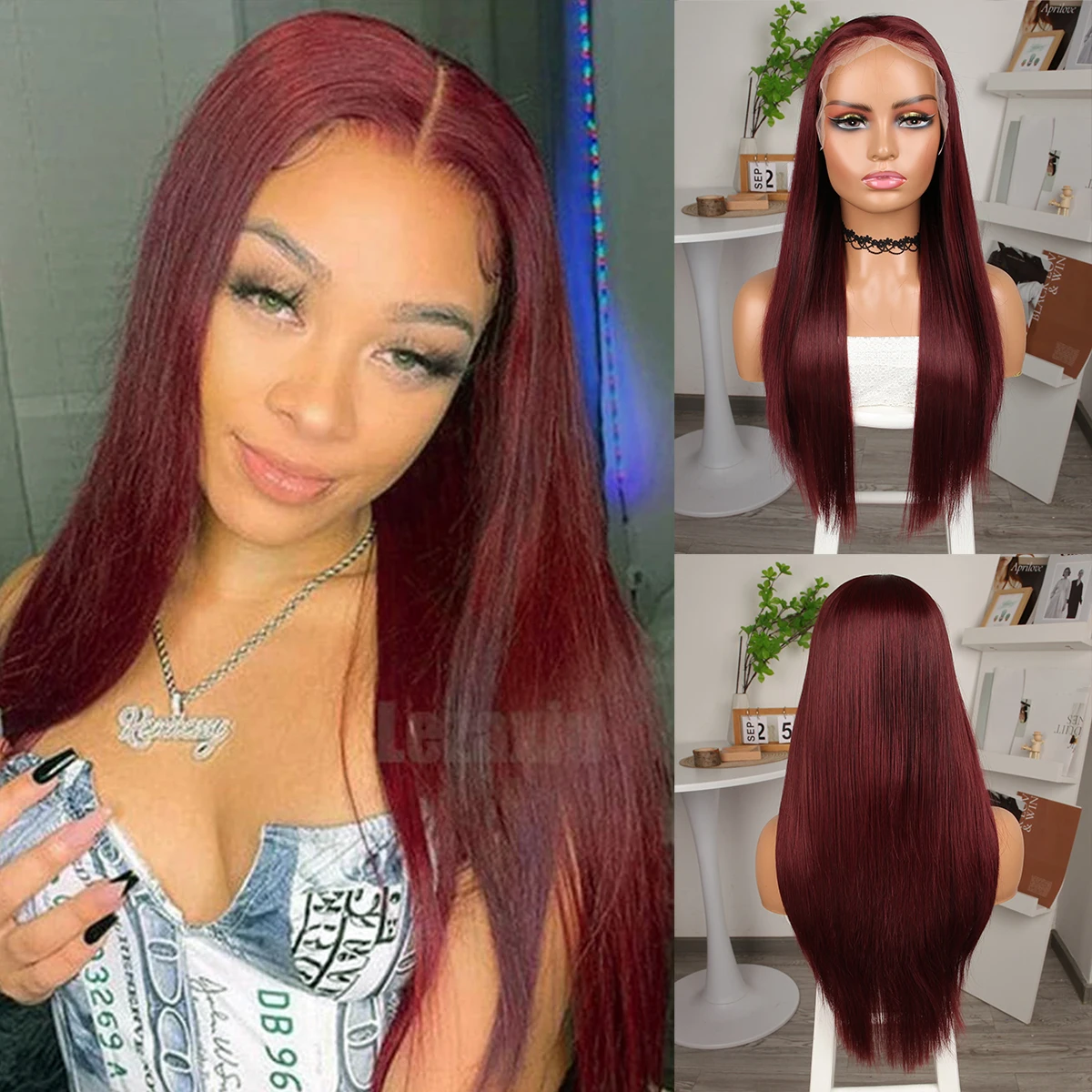 13*4 Lace Front 26inch Synthetic Wig Long Natural Straight Wigs Wine Red  For Black Women High Quality heat-resistant fiber