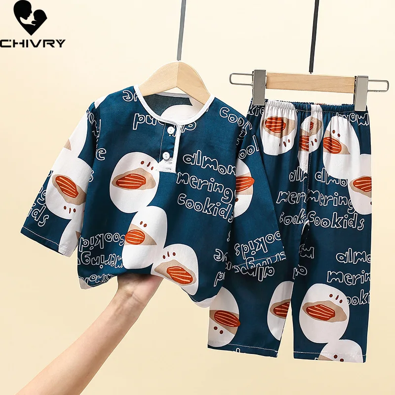 New 2022 Kids Boys Girls Summer Pajama Sets Cartoon Long Sleeve O-Neck Cute T-Shirt Tops with Pants Toddler Sleeping Clothes Set