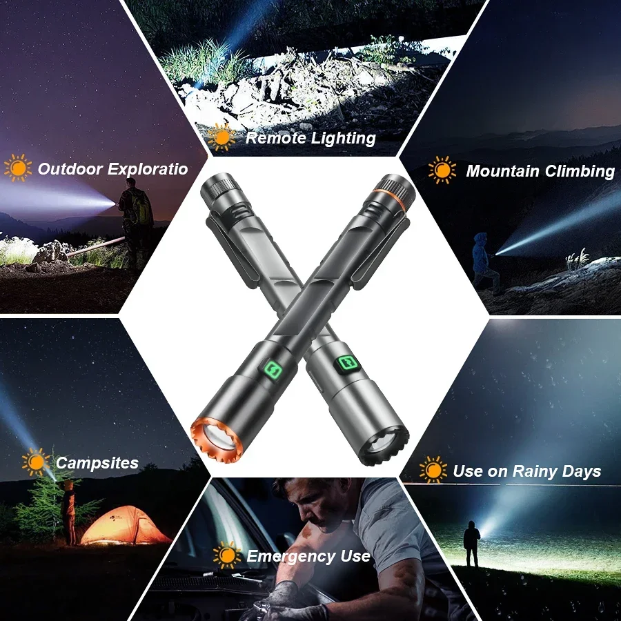 2000LM Mini Portable LED Flashlight USB Small Flashlight with Clip Magnetic Pocket Light for Camping Hiking Emergency situations