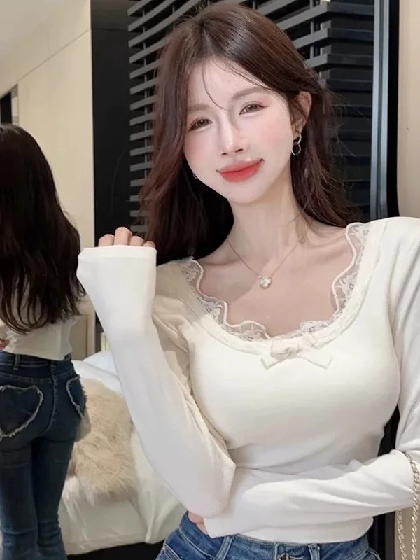 Women's Thickened Long Sleeve T-Shirt Lace Patchwork Slimming  Knot Top Casual Style Standard Edition Polyester Spandex