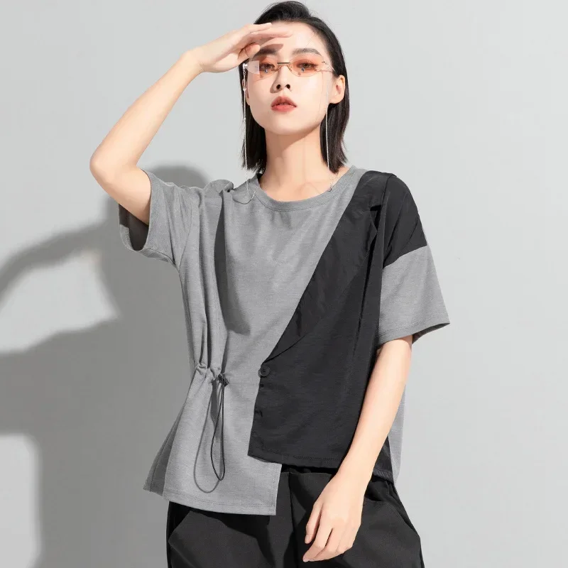 Women Dark Style Spliced Asymmetric Lapel Fake Two-Piece T-Shirt Short Sleeve Top New European Style Ladies Daily Streetwear