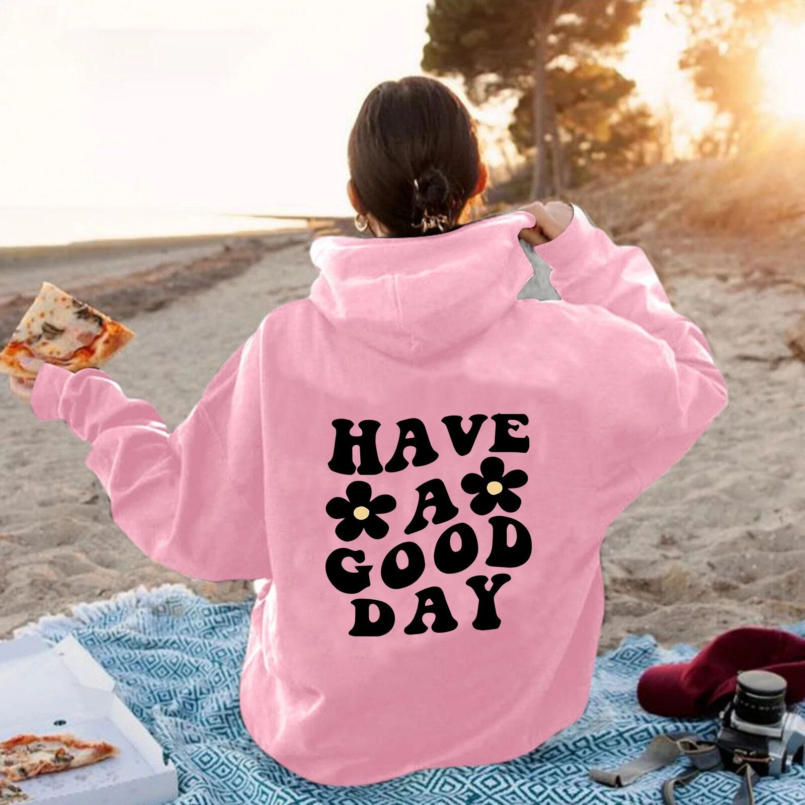 Have a Nice Day Hoodie Women's Long Sleeve Top Y2K Letter Flower Pattern Oversized Hoodie Fleece Autumn Clothes