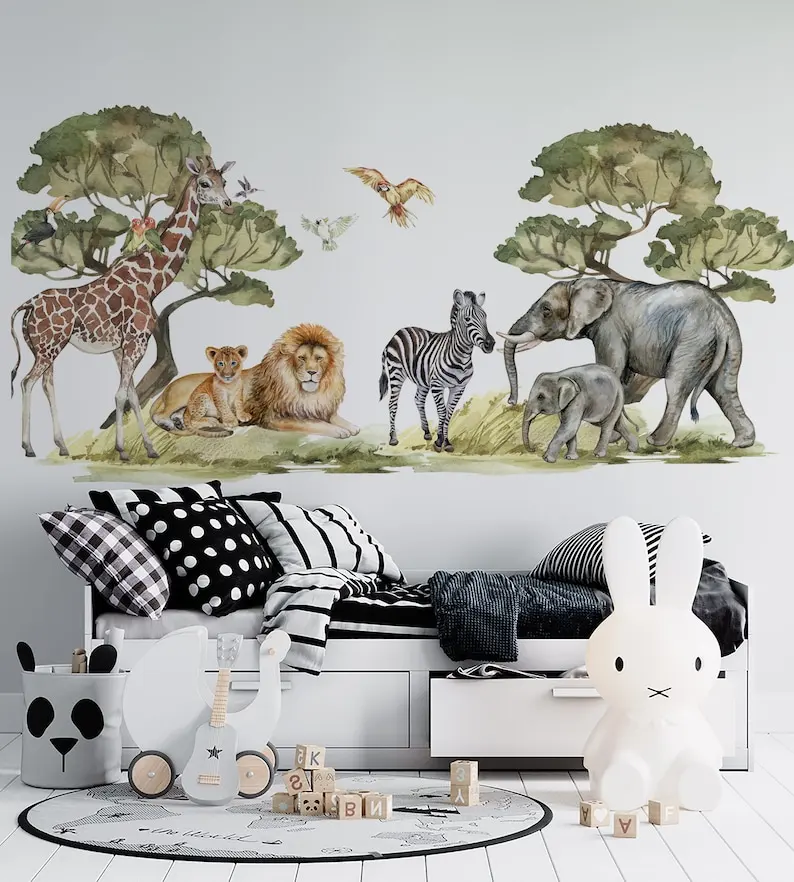 Safari Wall Decal Big Set, savanna Wall decal for kids, safari nursery decor, giraffe wall decal, zebra stickers, tiger sticker