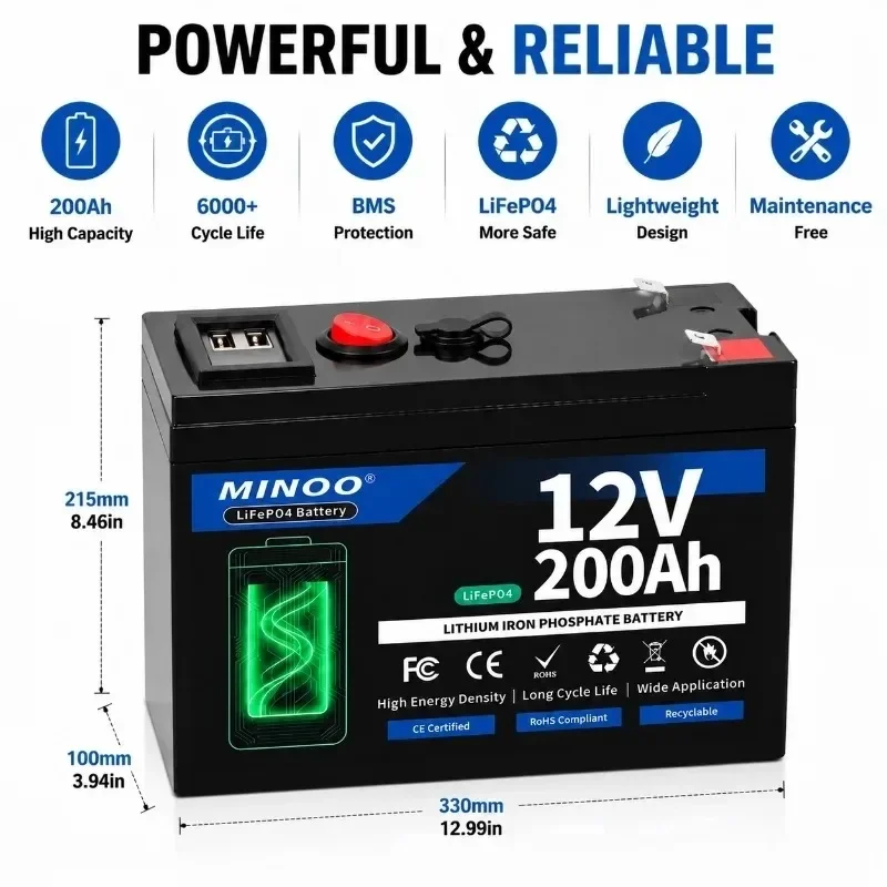 12V 200Ah LiFePO4 Battery Lithium Iron Phosphate Deep Cycle Rechargeable Battery With BMS For Solar RV Marine Energy Storage