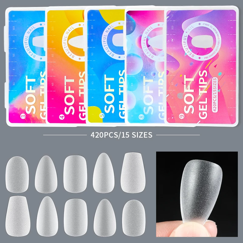 PINPAI 420PCS Matte Fake Nails Capsules Almond Coffin T Shape Full Cover False Nails Frosted Artificial Nail Soft Gel Tips