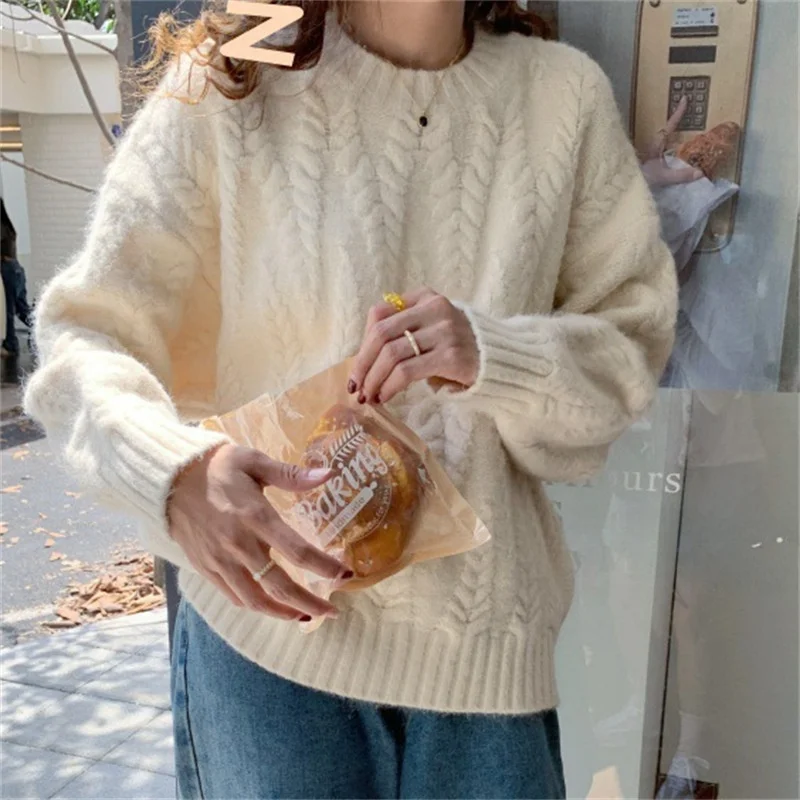 

Round Neck Long Sleeve Pure Color Autumn Winter New Fashion KoreanWomen's Overhead Knitted Sweater Loose Thickened Soft Style