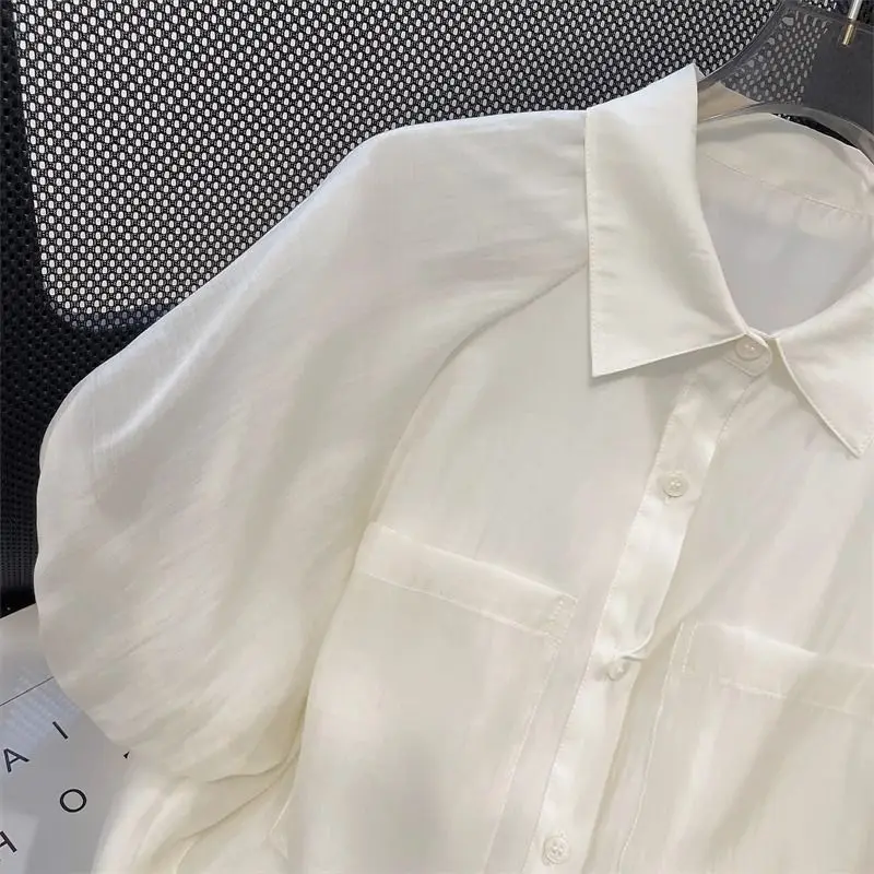 French Retro Puff Sleeve Chiffon Shirt for Women in Summer New Loose Short-sleeved Top