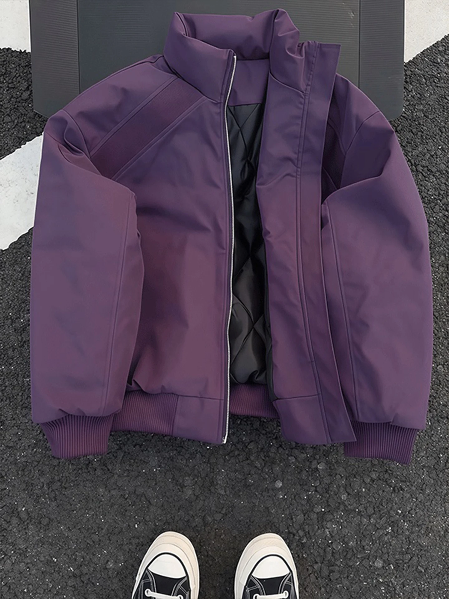 

Фиолетовая утепленная хлопковая куртка-бомбер для мужчин, зимняя, с воротником-стойкой, в американском стиле, молодежная, модная, теплая, с длинными рукавами