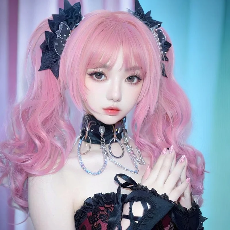 Perruque Shimizu Megumi – Cheveux de cosplay longs et bouclés roses pour Shiki, couvre-chef complet d'apparence naturelle, usage quotidien Anime