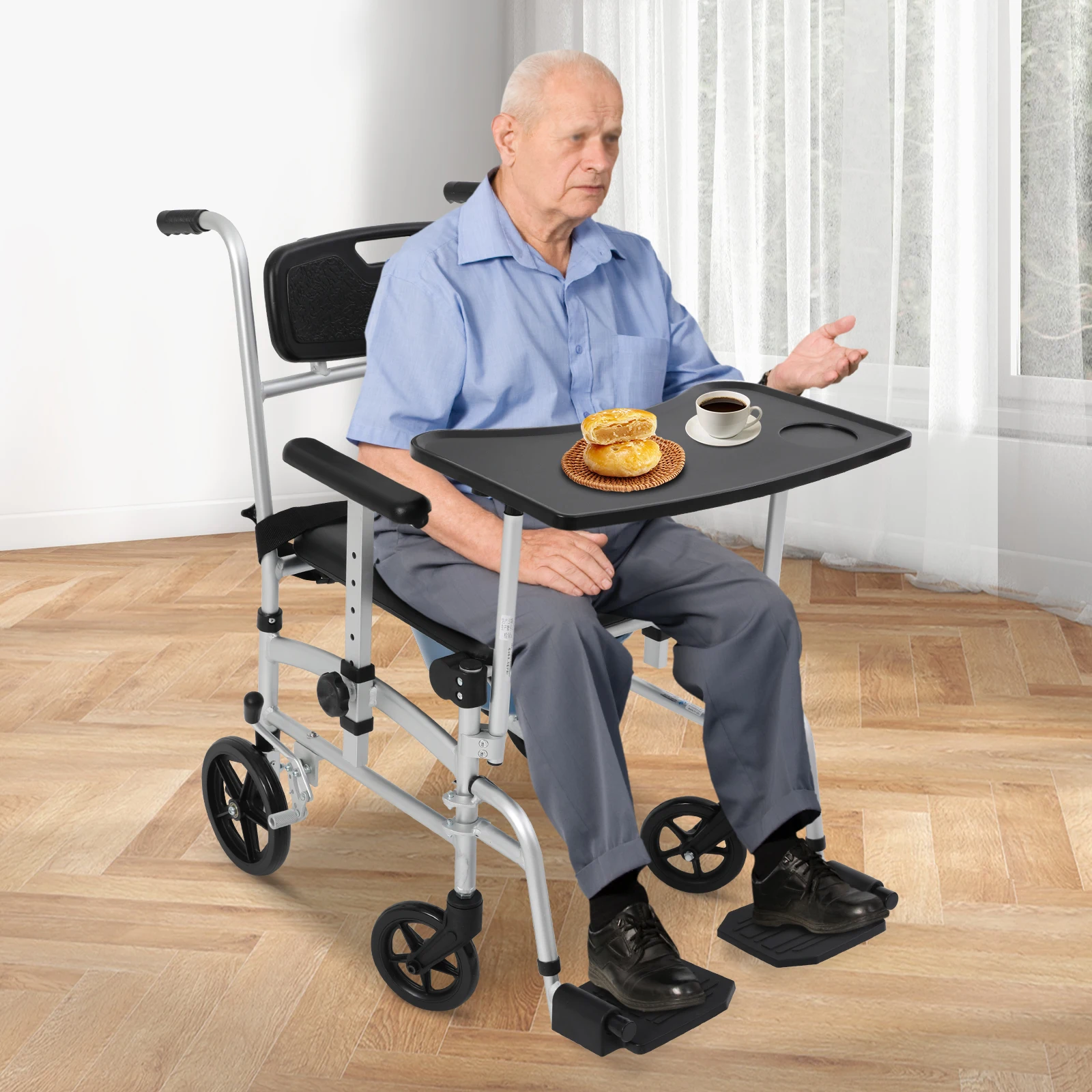 Shower Commode Wheelchair with 4 Lockable Wheels, Footrests, Flip-up Arms, 3-Level Adjustable Height, 5L Removable Bucket