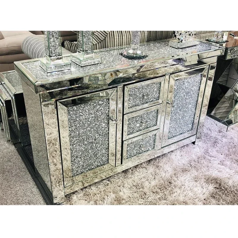 

Wholesale Price Modern Luxury Silver Sparkly Crushed Diamond Mirrored Two Doors Sideboard Cabinet Console Table For Home Hotel