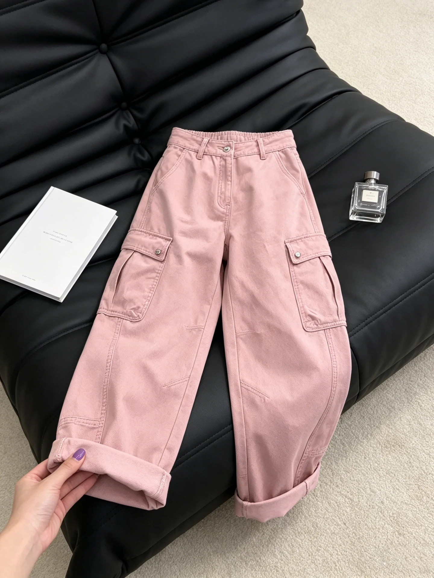 High Waist Korean Style Work Pants Women's Multi-Pocket Design Casual Trousers Summer New Pink Color Block Wide Leg Pants