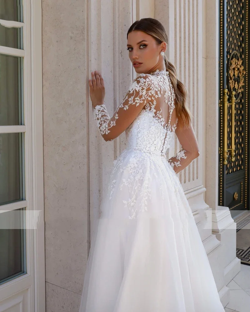 Flavinke Customized Classic High Neck Long Sleeve A-Line Wedding Dresses  Gorgeous Appliques Sweep Train Vintage Bridal Gown