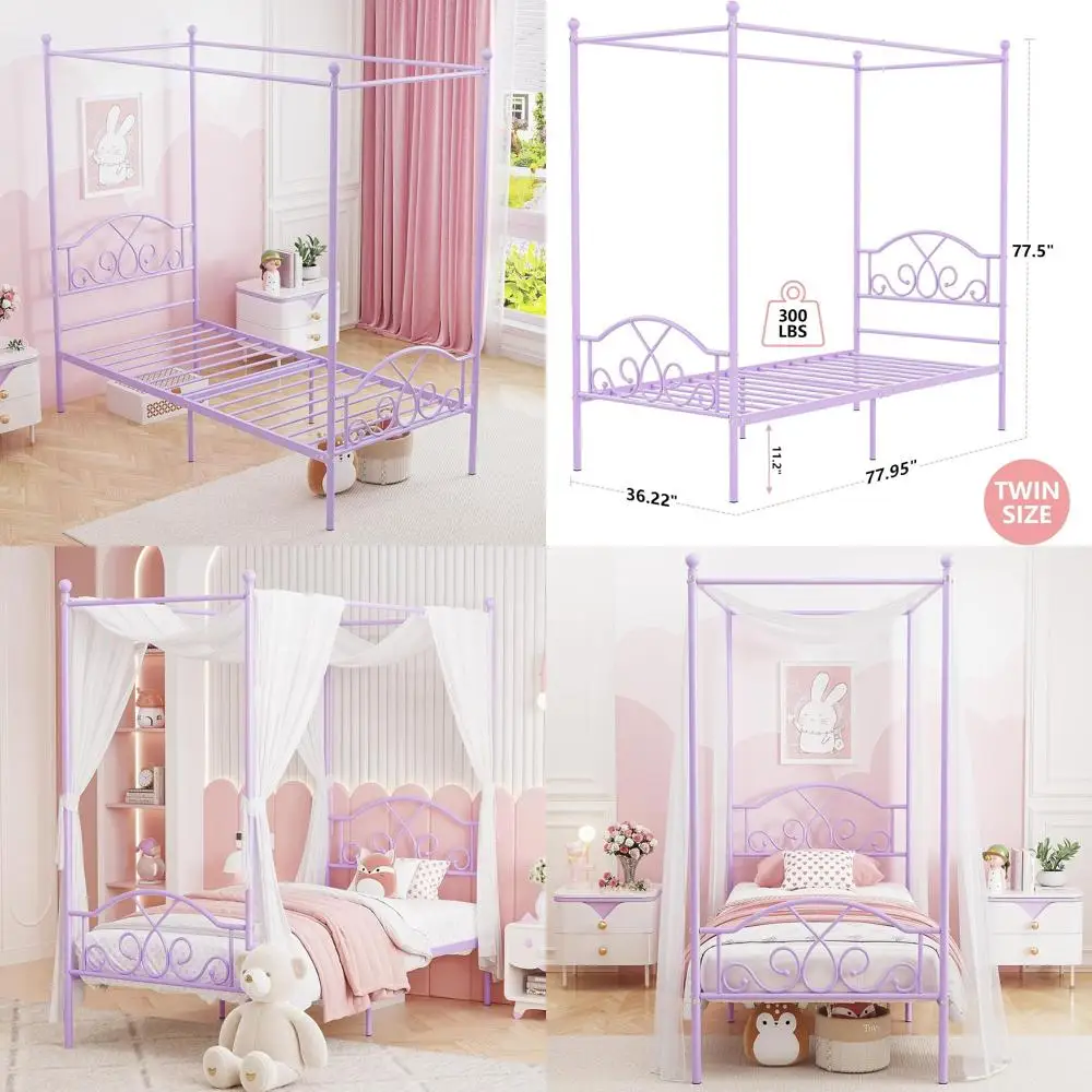 

Twin Size Metal Platform Bed with 4 Posters, No Box Spring Needed, Suitable for Kids, Girls, and Adults