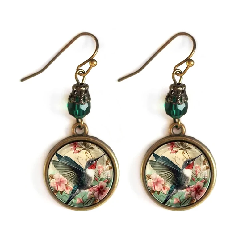 Vintage grüne Perle Kolibri Blume Glas baumeln Ohrringe für Frauen Vogel Tier Schmuck Zubehör
