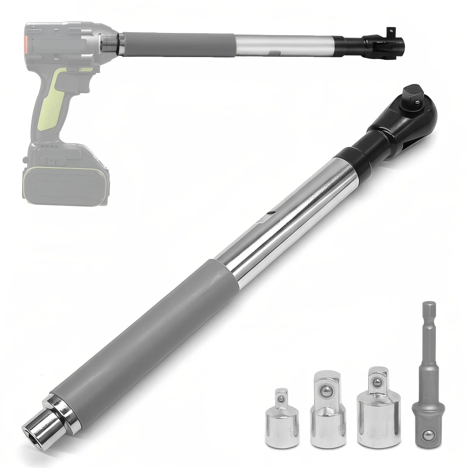 

Electric Extended Wrench with Removable Replacement Connector, Compatible with 1/2, 1/4, and 3/8 Inch Sleeves, Adjustable Length