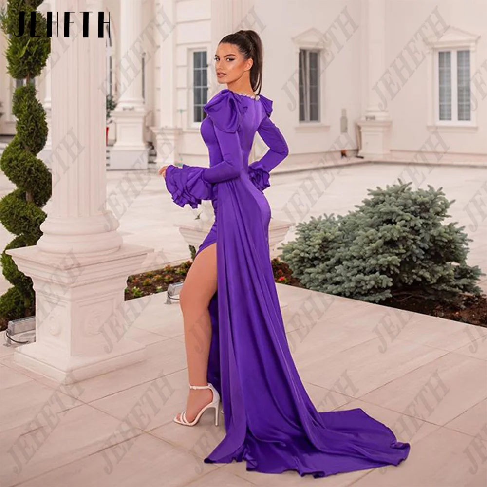 JEHETH Fashion Evening Dress For Woman Long Sleeves Sexy Deep V-Neck Prom Dress Satin Side Split Mermaid فساتين سهره فاخره 2023