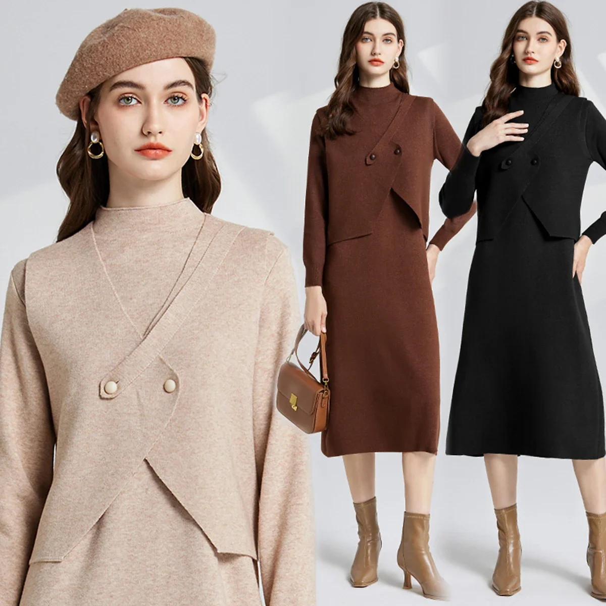 Fashion Thickening Personality Semi-turtleneck Bottom Knitted Waistcoat Long-sleeved Dress Two-piece Set