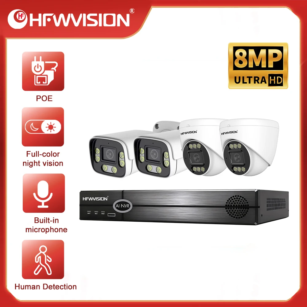 HFWVISION 4K 8MP POE Security Camera System 4CH 4PCS Dome Bullet Full Color Night Vision Indoor Outdoor IP66 CCTV Camera Kit