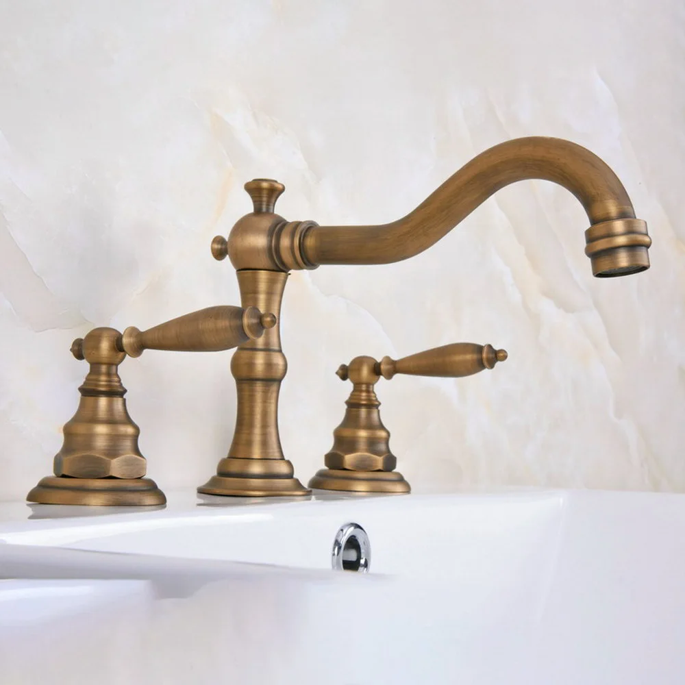 Widespread Dual Handles Brass Antique Basin Sink Faucet 3 Holes Bathroom Vessel Sink Mixer Tap Ban075