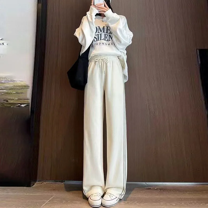 

2023 Autumn Winter Fashion Women Pants Striped Elastic Waist Lace-Up Wide Leg Pants Casual Loose Simple Corduroy Straight Pants