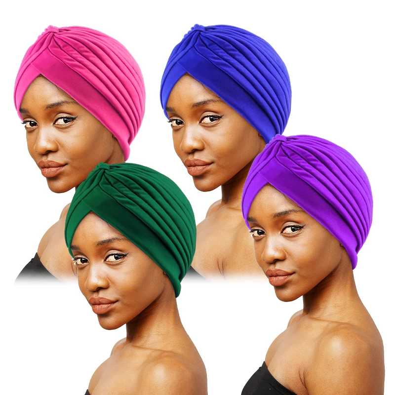 4PCS/LOT Knotted Ruffle Turban Ladies Soft Headscarf Casual Streetwear Female Muslim Hijab Indian Hats Cancer Chemo Cap Turbante