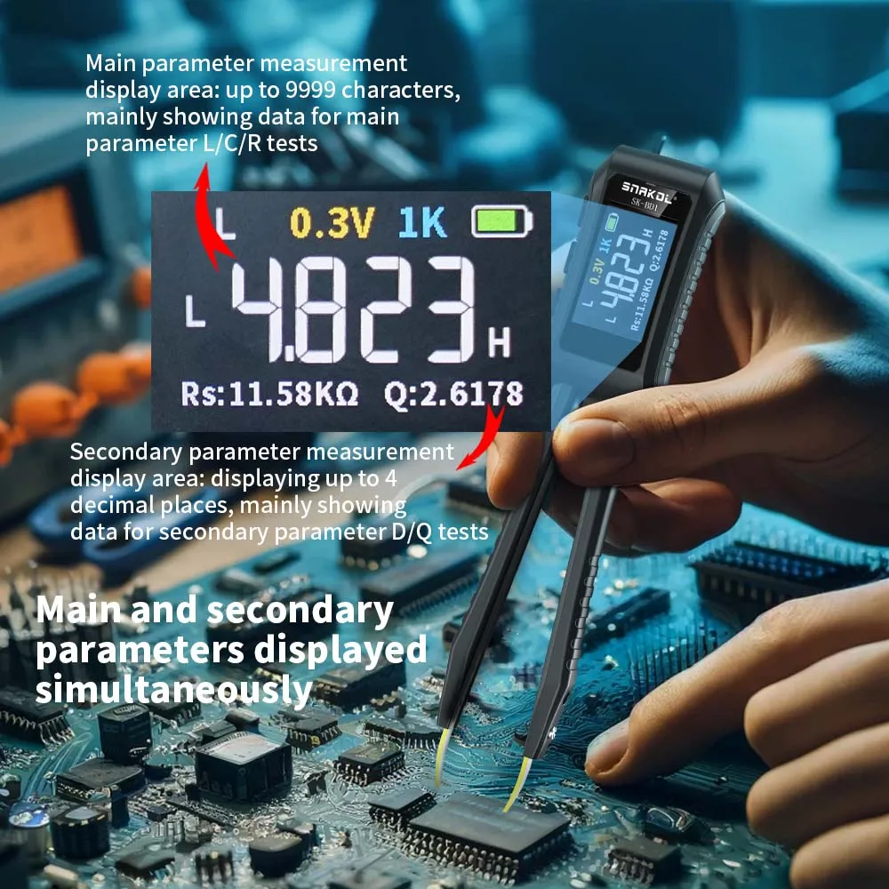 Imagem -02 - Snakol Sk-bd1 Mini Pinça Inteligente Lcr Smd Esr Testador Resistência Capacitância Indutância Continuidade Diodo Teste Ferramentas de Medição